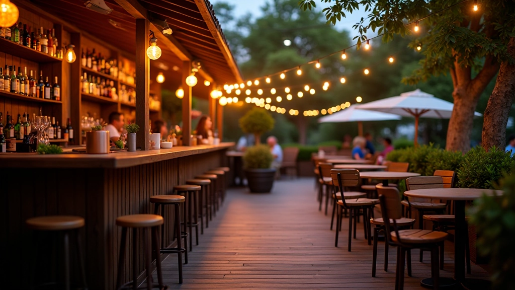 Pohled na letní terasu s barovým pultem, židlemi okolo stolů, ředitelem restaurace v tričku